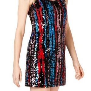 Calvin Klein Sequin Mini Dress in Red, Blue, and Black